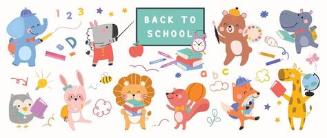 Back to School concept animal set. Collection of adorable wildlife, rabbit, squirrel, bear, fox, elephant. School with funny animal character illustration for greeting card, kids, education. vector