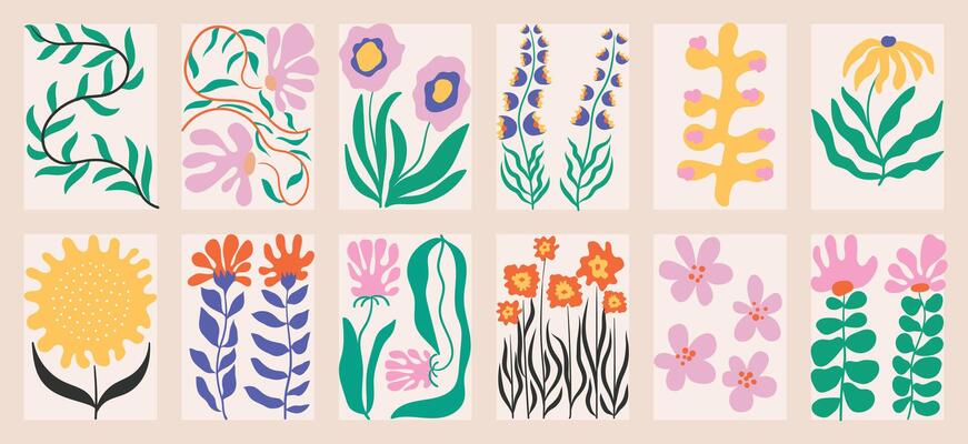 Botanical doodle background art set. Flower and leaves abstract shape doodle art design for print, wallpaper, clipart, wall art for home decoration.