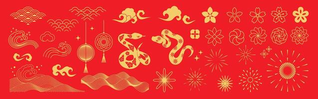 Chinese New Year icons set. Year of the snake with snake, cherry blossom flower, firework, hanging lantern, cloud isolated icon of Asian Lunar New Year. Oriental culture tradition illustration. vector