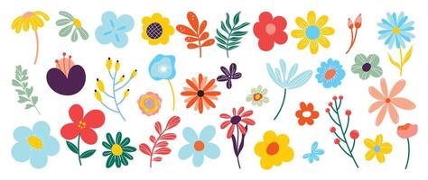 Collection of spring colorful flower elements . Set floral of wildflower, leaf branch, foliage on white background. Hand drawn blossom illustration for decor, easter, sticker, clipart, print. vector