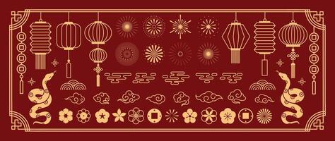 Chinese New Year icons set. Year of the snake with snake, cherry blossom flower, firework, hanging lantern, cloud isolated icon of Asian Lunar New Year. Oriental culture tradition illustration. vector