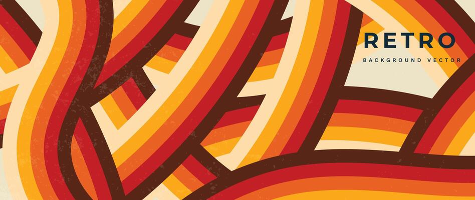 Abstract colorful 70s background . Vintage retro style wallpaper with rainbow stripes, wavy lines, grunge. 1970 color illustration design suitable for poster, banner, decorative, wall art.