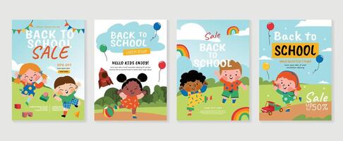 Back to school banners. Background design with children and education accessories element. Kids hand drawn flat design for poster , wallpaper, website and cover template. vector