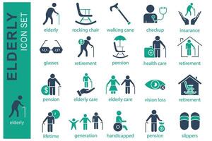 elderly icon set. elderly care, pension, vision loss and more. solid icon style. old age element illustration vector