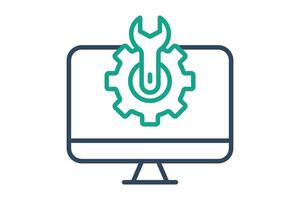 computer setting icon. computer with gear and wrench. icon related to information technology. line icon style. technology element illustration vector