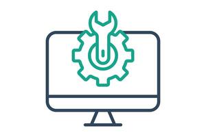 computer setting icon. computer with gear and wrench. icon related to information technology. line icon style. technology element illustration vector