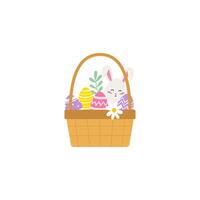 easter bunny in basket with eggs and flowers vector