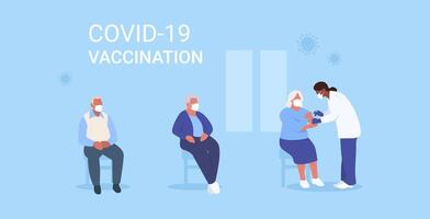 people in medical masks and gowns are sitting in a room with the words covid - 19 vector