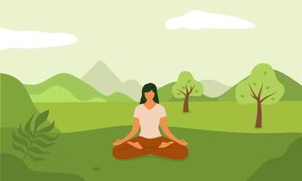 un mujer meditando en el loto posición en un verde campo vector