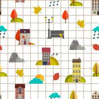 seamless pattern with autumn houses, trees and buildings vector