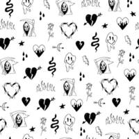 a black and white pattern with skulls and hearts tattoo style vector