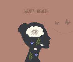 mental salud concepto con mujer cabeza y mariposa vector