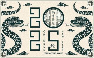 Happy Chinese new year 2025 Zodiac sign, year of the Snake, with green paper cut art and craft style vector