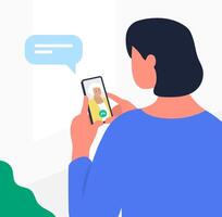 a woman using a smartphone to chat with a mom back view vector