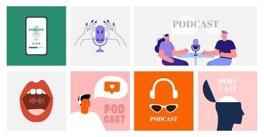 a set of different images depicting different types of podcasts vector