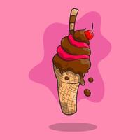 Slushy ice cream cone with a chocolate stack and a cherry. Creamy melting chocolate and strawberry flavor ice cream. vector