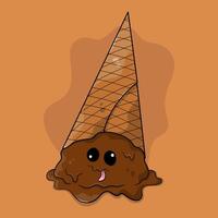 Cute melting chocolate ice cream cone. Funny summer ice cream emote. vector