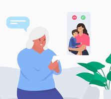 woman sitting with a child talking to granma by videocall vector