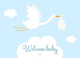 cigüeña con un bebé bolso en el cielo y nubes, Bienvenido bebé tarjeta vector