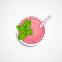 a strawberry smoothie with a straw and a green leaf vector