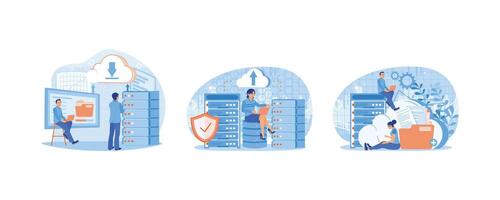 base de datos almacenamiento tecnología. personas analizando datos en el ordenador portátil. añadir archivos a el datos centro. podría informática concepto. conjunto plano ilustración. vector