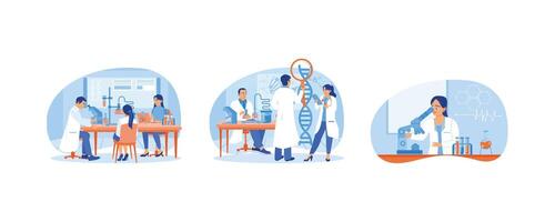 Scientists work in the laboratory. Conduct research on DNA molecules. Microbiological analysis. Laboratory concept. Set flat illustration. vector