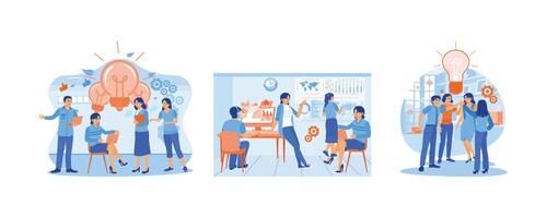 Office workers have a meeting. Exchange ideas for new projects. Looking for solutions to success. Brainstorming concepts. Set flat illustration. vector