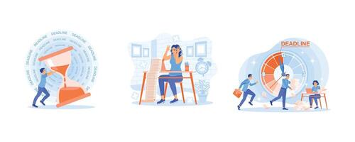 Employees extend deadlines. Panic because many tasks must be completed. People work hard before the deadline. Deadline concept. Set flat illustration. vector
