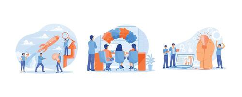 Business teamwork. Discuss together to solve problems. Creative ideas to success. Teamwork concept. Set flat illustration. vector