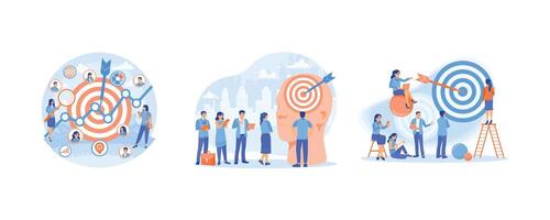 Target audience to improve marketing. Target on the human head icon. Business teamwork towards success. Business Target concept. Set flat illustration. vector