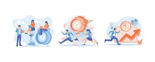 Time management and business planning. Employees work in a hurry. Business people try to complete work on time. Deadline concept. Set flat illustration. vector