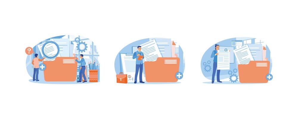An office worker looks for files. Businessman holding document on clipboard. Save files in large folders. Storage concept. Set flat illustration.