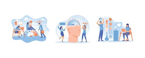 People are in a bad mood. A female employee who is stressed because she is tired at work. Good mood indicator. Stress concept. Set flat illustration. vector