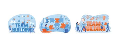 Successful teamwork. Solving work problems in the office. Communication and cooperation ideas. Team Building concept. Set flat illustration. vector