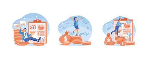 Financial growth ideas. A woman is standing on a pile of coins. Get a monthly salary from the office. Active income concept. Set flat illustration. vector