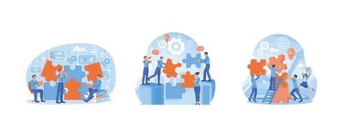 People connect puzzles. Business teamwork. Solving business problems towards targets. Team Building concept. Set flat illustration. vector