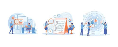 Businessman analyzes teamwork. Complete work on time. Company management to achieve goals. Project Management concept. Set flat illustration. vector