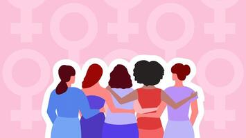women's rights activists stand in front of a pink background with female symbols vector