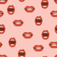 a pattern with many mouths with braces on a pink background vector