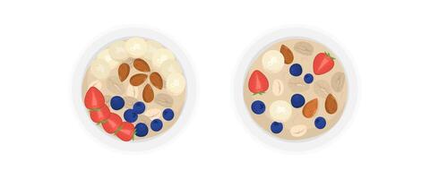 two plates with aotmeal with berries on them top view vector