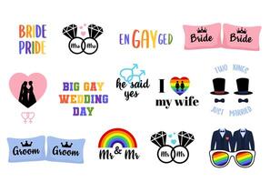 a collection of lgbt wedding stickers and other items vector