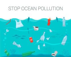 detener Oceano contaminación concepto con el plastico botellas en el agua vector