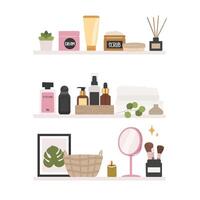 beauty products on shelves with mirror and other items vector