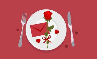 valentine's day dinner with rose and envelope vector