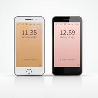 dos teléfonos inteligentes con diferente hora pantallas en un blanco antecedentes vector