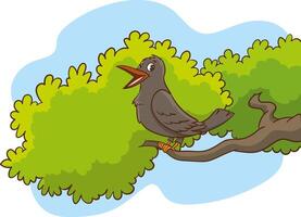 Crow on cartoon tree branch isolated on white background flat vector