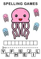 Spell the word. illustration of jellyfish. Spelling game for kids. Education worksheet Printable A4 size vector