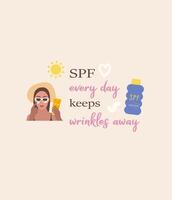 a woman wearing sunglasses and a hat with the words spf every day keeps wrinkles away vector