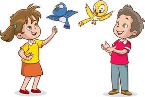 Children have fun with birds. illustration with cute children playing in cartoon style. vector