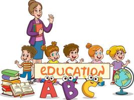 Happy cute little kids and teacher with blank banner illustration vector